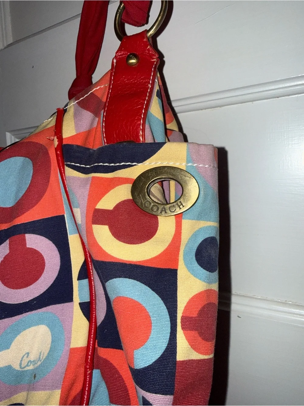 Coach Multicolor Pattern Shoulder Bag with Red Leather Trim